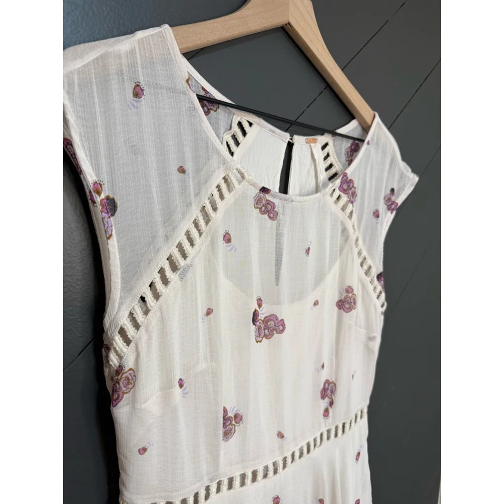 Free People Ivory Floral Mini Dress Size 4 Boho Coquette Cottagecore - Picture 4 of 11